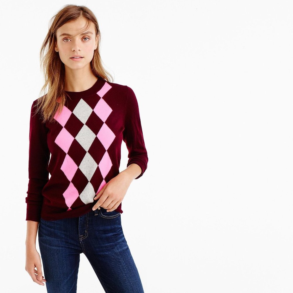 J. Crew Tippi Argyle pink, grey, wine crew neck pullover sweater (size PXS)